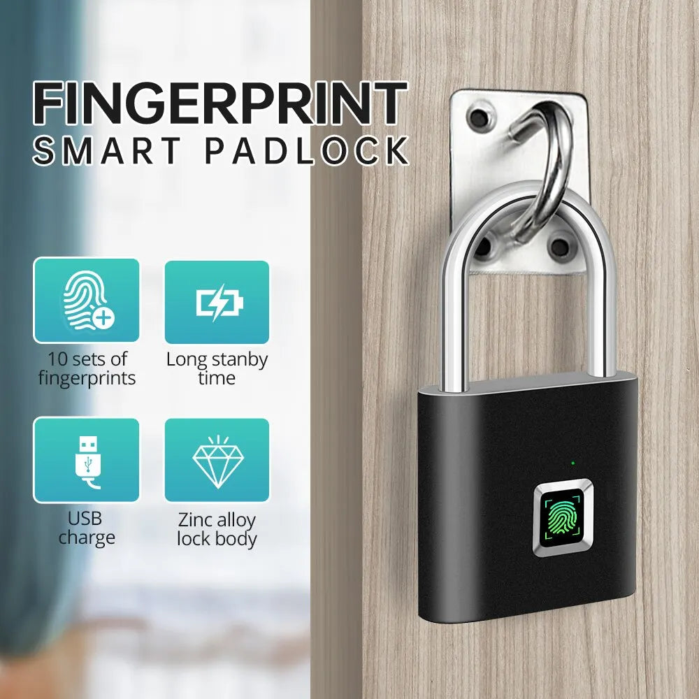 Keyless USB Charging Fingerprint Lock Smart Padlock Waterproof Door Lock 0.2sec Unlock Portable Anti-theft Padlock Zinc