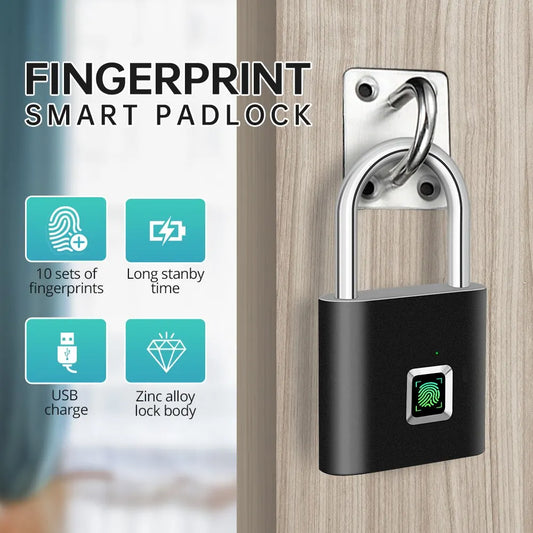 Keyless USB Charging Fingerprint Lock Smart Padlock Waterproof Door Lock 0.2sec Unlock Portable Anti-theft Padlock Zinc